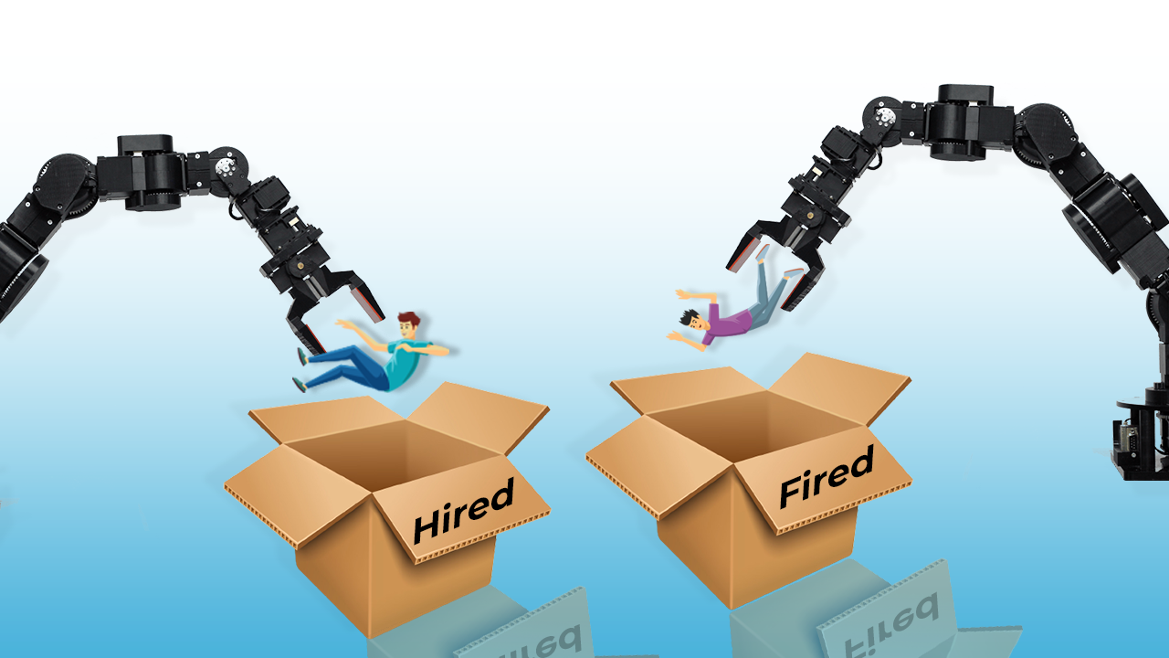 robot sorting hired and fired people